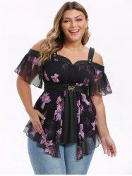 Plus Size Flowers Print Buckle Waist Chiffon Asymmetrical Cold Shoulder Blouse -  