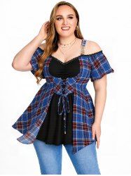 Haut 2 en 1 grande taille à imprimé écossais, œillets, lacets, bordure en dentelle froncée, épaules dénudées - Bleu M | US 10