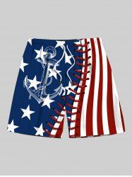Plus Size Patriotic American Flag Anchor 3D Topstitching Print Hawaii Cruise Drawstring Beach Shorts For Men -  