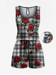 Plus Size Rose Flower Leave Plaid Print Hawaii Drawstring Pocket Romper -  