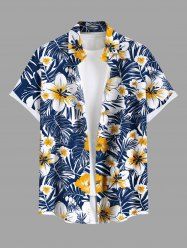 Chemise hawaïenne grande taille à imprimé feuilles tropicales et fleurs d'hibiscus pour homme - Bleu L