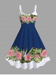 Plus Size Topical Leaf Hibiscus Flower Print Hawaii Tank Dress -  