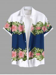 Plus Size Topical Leaf Hibiscus Flower Print Buttons Pocket Hawaii Shirt For Men -  
