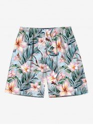 Short de plage hawaïen grande taille à imprimé feuilles tropicales et fleurs d'hibiscus pour homme - Bleu clair 5XL