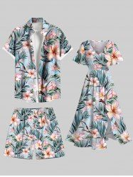 Tenue de plage hawaïenne assortie grande taille à imprimé feuilles et fleurs tropicales pour couples - Bleu clair 
