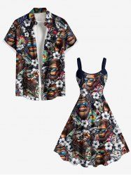Tenue de plage hawaïenne assortie grande taille à imprimé fleurs tropicales Gorilles pour couples - Noir 