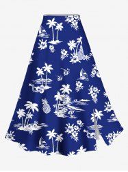 Plus Size Coconut Tree Seascape Flowers Pineapple Print Split Hawaii Skirt -  