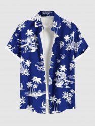 Plus Size Coconut Tree Seascape Flowers Pineapple Print Buttons Pocket Hawaii Shirt For Men -  