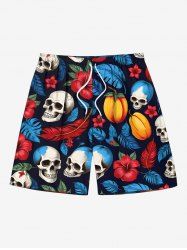 Plus Size Skull Tropical Leaf Hibiscus Flower Print Hawaii Drawstring Beach Shorts For Men -  