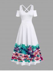 Plus Size Tropical Leaf Flowers Print Cold Shoulder Crisscross Hawaii Maxi Dress -  