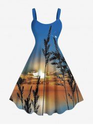 Robe trapèze hawaïenne grande taille à imprimé coucher de soleil et crépuscule, motif ombré, plantes et mer - Bleu XXS