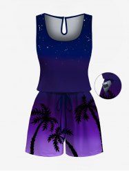 Plus Size Coconut Tree Ombre Galaxy Print Hawaii Drawstring Pocket Romper -  