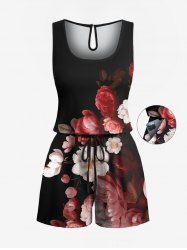 Plus Size Ombre Flower Print Hawaii Drawstring Pocket Romper -  