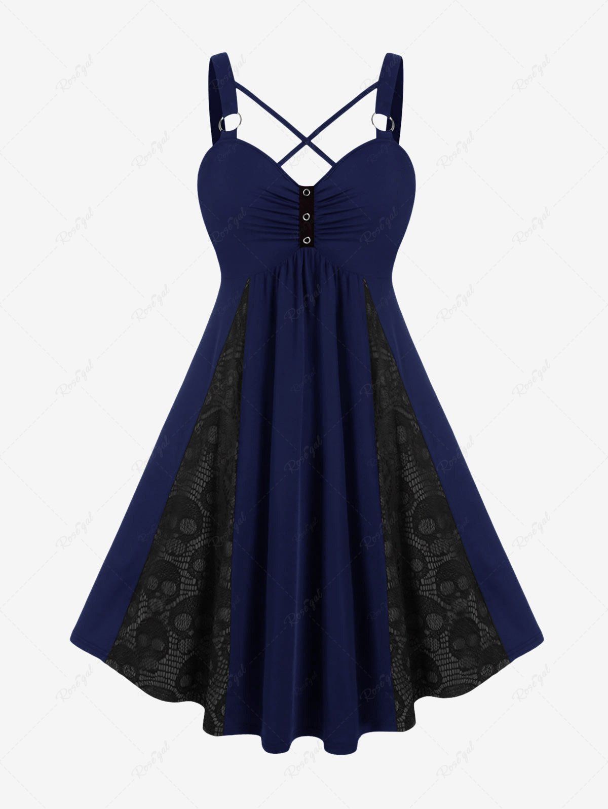 Hot Plus Size Skull Fishnet Panel Ruched Crisscross O-Ring Buckle Dress  