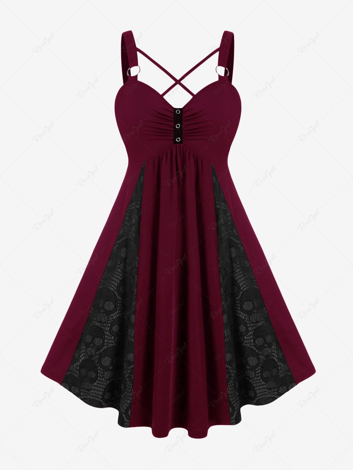 Shops Plus Size Skull Fishnet Panel Ruched Crisscross O-Ring Buckle Dress  