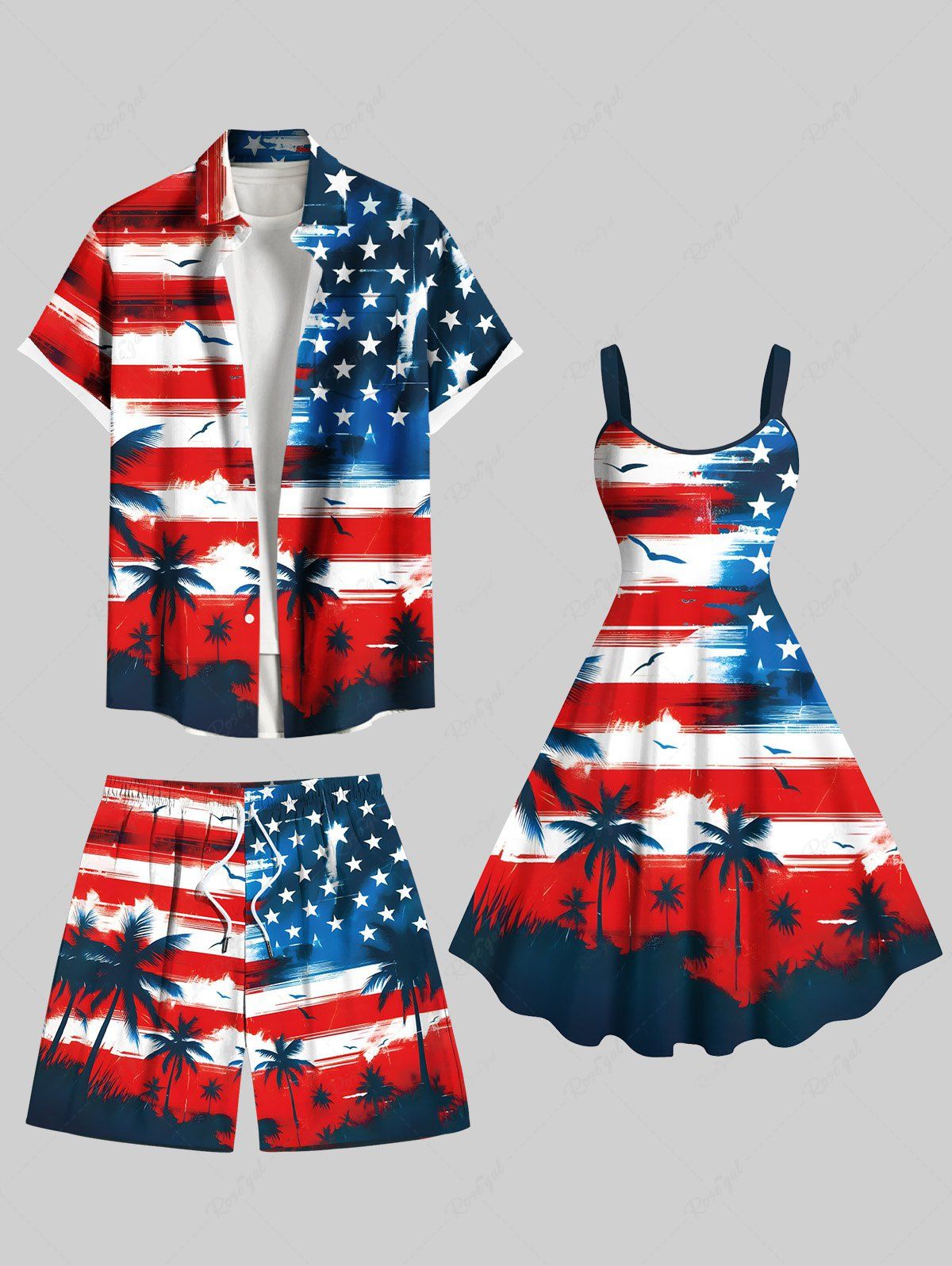 Outfit Patriotic American Flag Coconut Tree Print Plus Size Matching Outfit For Couples  