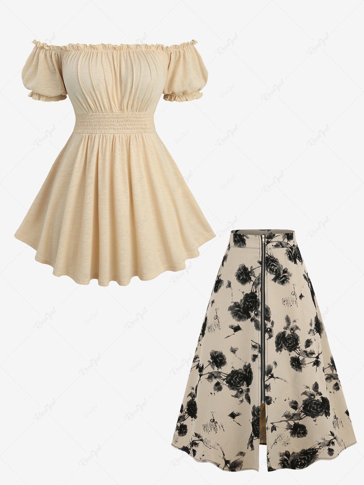 Sale Ruched Bust Elastic Waist Top and Ink Painting Rose Flower Zipper A Line Skirt Plus Size Outfit  
