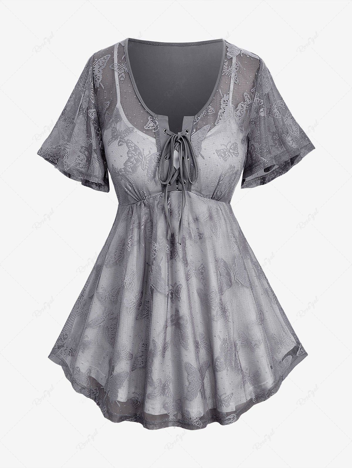 T-shirt 2 en 1 à lacets et superposition de dentelle papillon grande taille Gris Foncé 4X | US 26-28