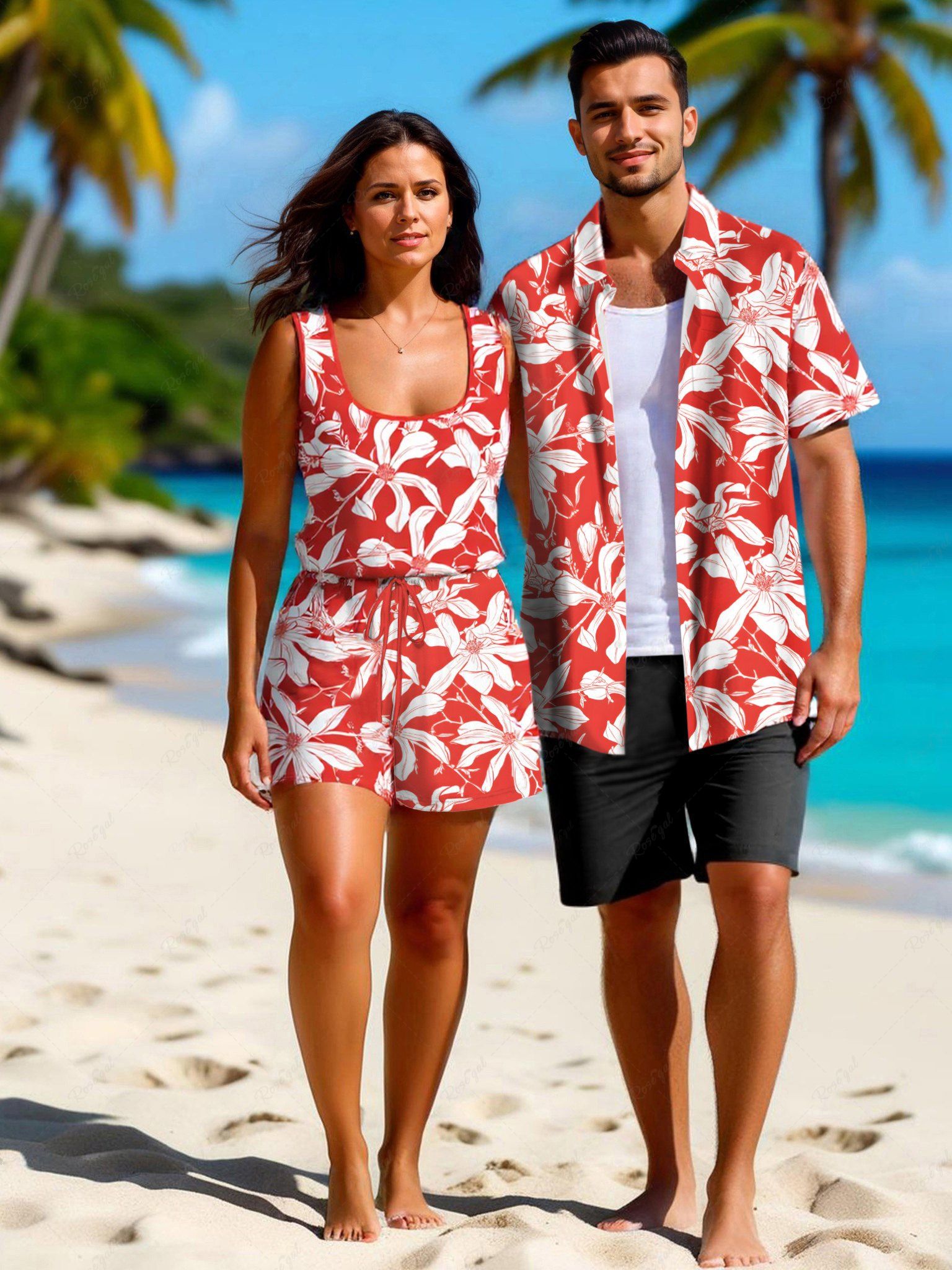 Tenue de plage hawaïenne assortie grande taille à imprimé fleurs tropicales pour couples Rouge 