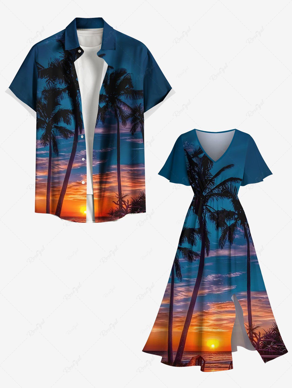 Tenue de plage hawaïenne assortie grande taille à imprimé cocotier et crépuscule pour couples Bleu 