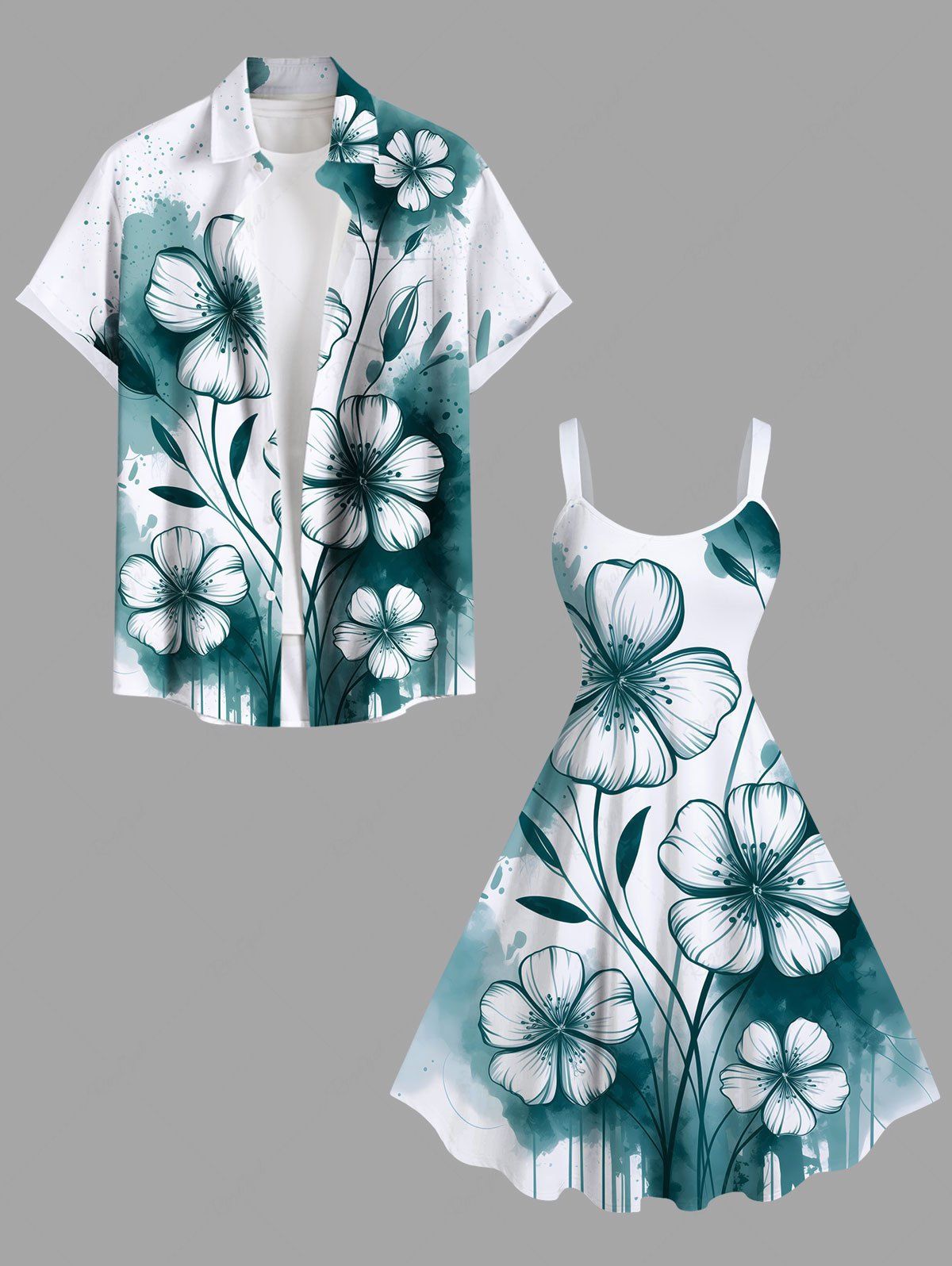 Shops Ink Painting Splatter Flower Branch Print Plus Size Matching Hawaii Beach Outfit For Couples  