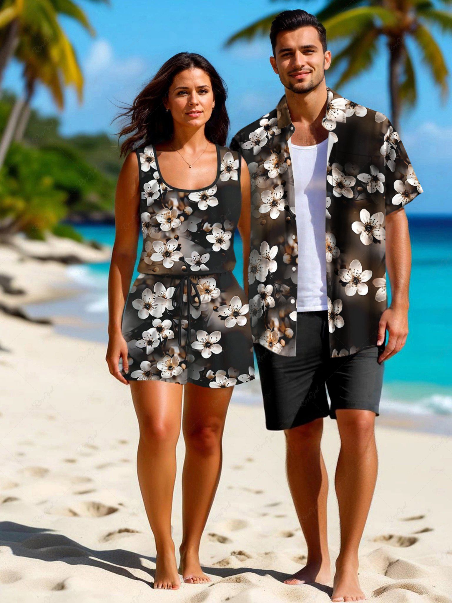 Fashion Matching Hawaii Shirt and Romper Plus Size Beach Outfit Ombre Peach Blossom Flower Print For Couples  