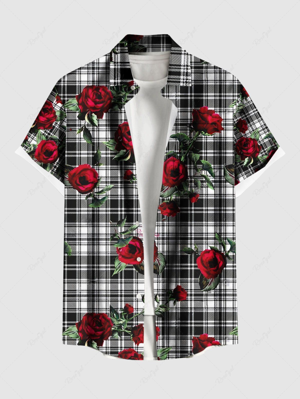 Chemise hawaïenne grande taille à imprimé floral et feuilles de rose et à carreaux pour homme Noir XL