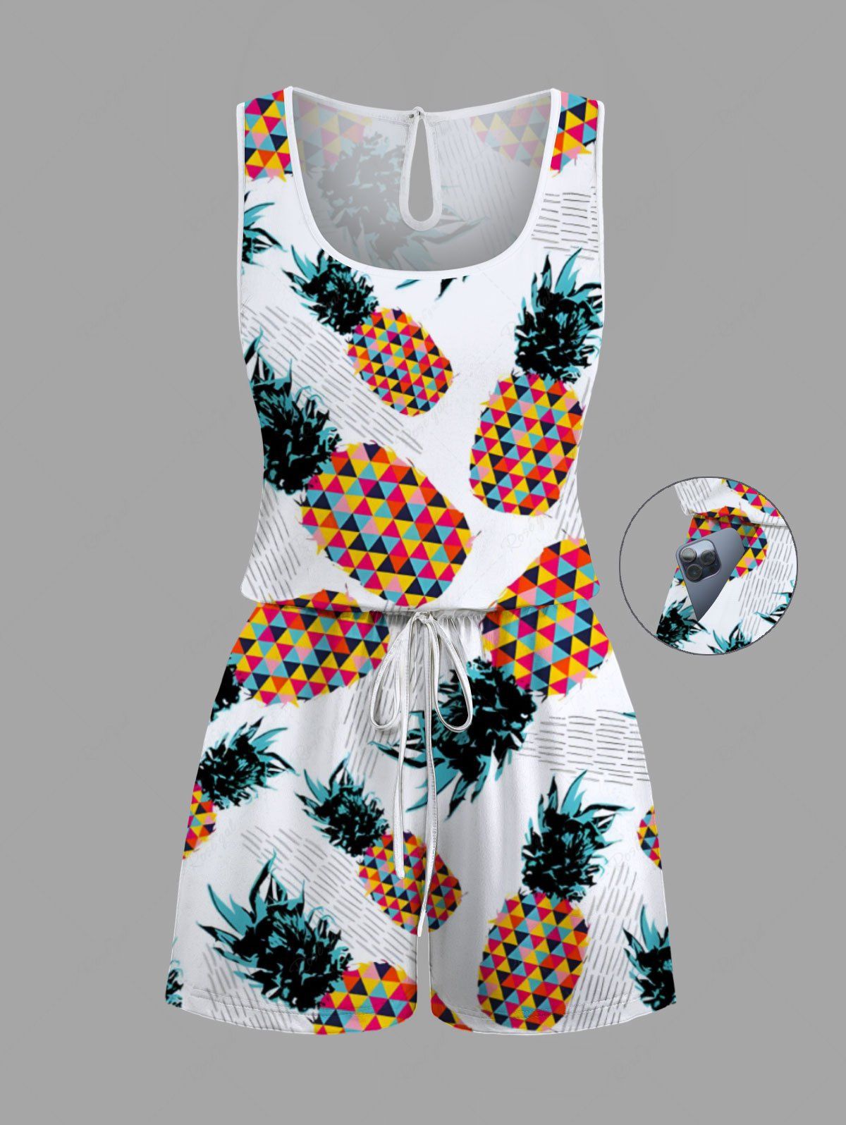 Combinaison hawaïenne grande taille à imprimé ananas géométrique et coloré avec cordon de serrage et poches Blanc 5X