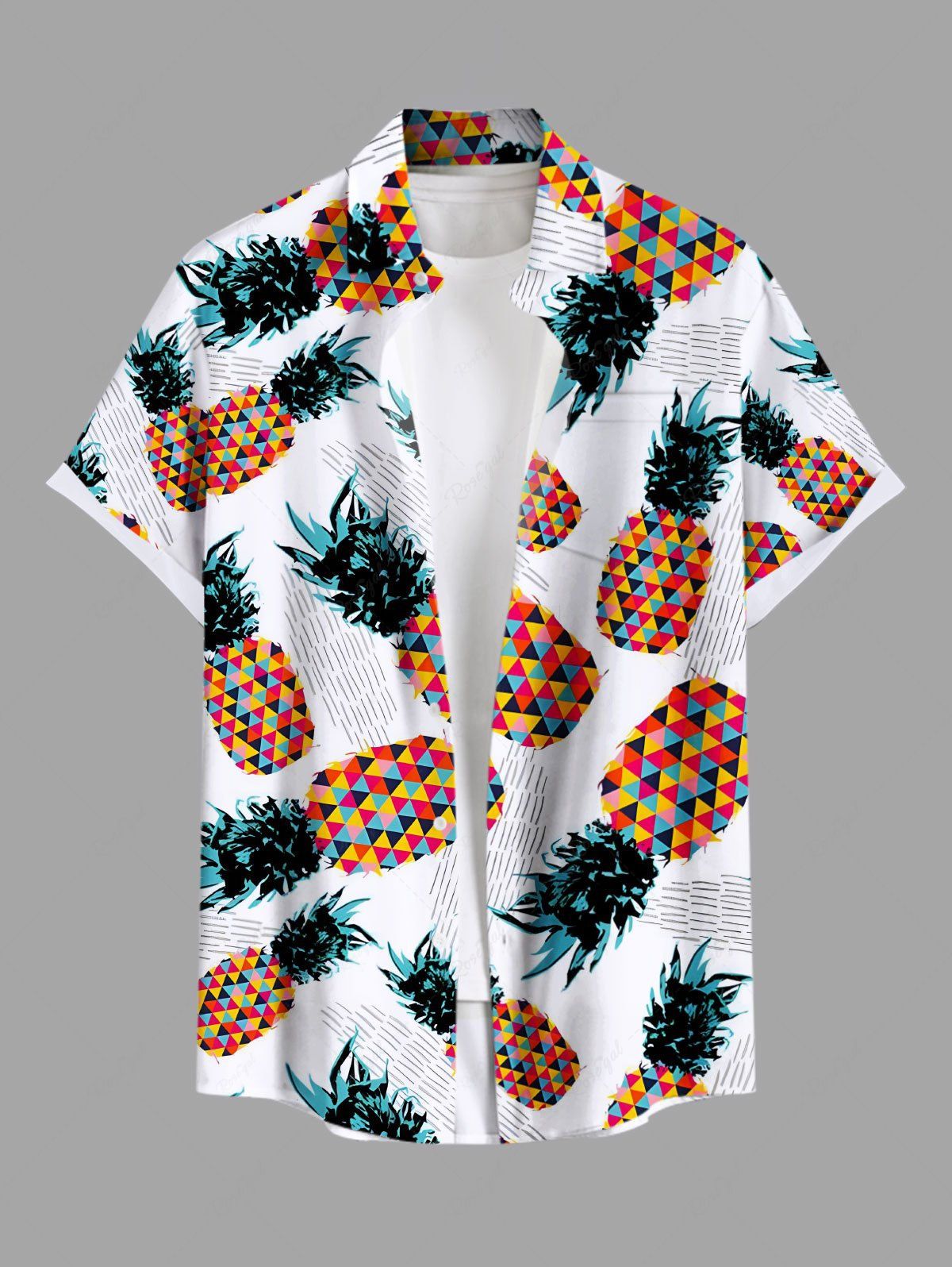 Chemise hawaïenne grande taille à imprimé ananas géométrique et coloré avec poches boutonnées pour homme Blanc 4XL