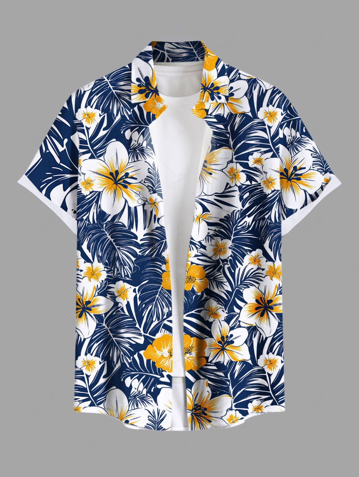 Chemise hawaïenne grande taille à imprimé floral et feuilles tropicales et hibiscus pour homme Bleu 6XL