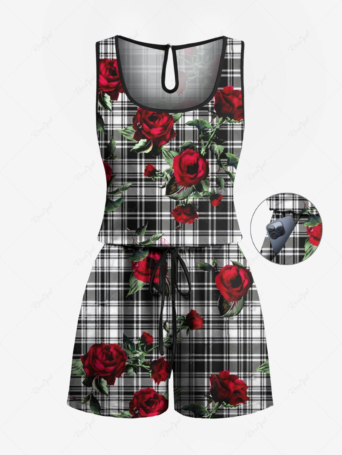 Combinaison hawaïenne grande taille à imprimé floral et feuilles de roses et à carreaux avec cordon de serrage et poches Noir L
