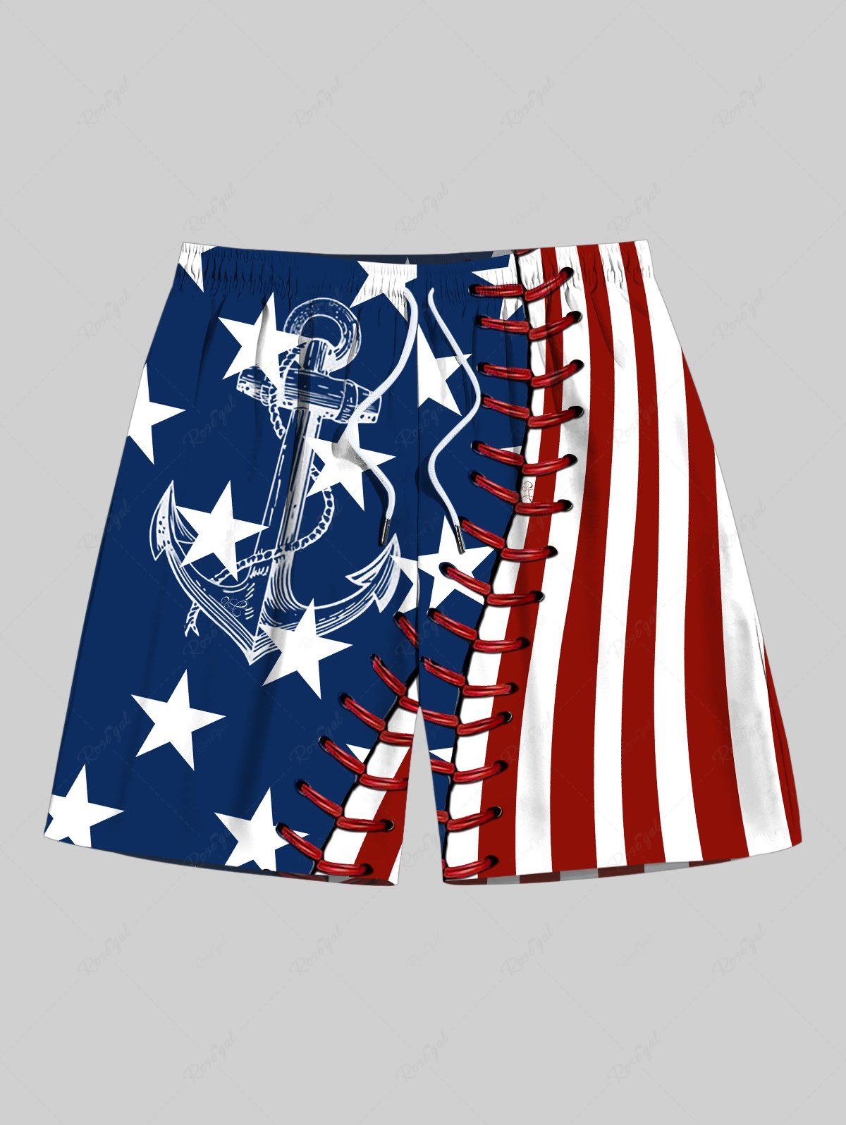 Trendy Plus Size Patriotic American Flag Anchor 3D Topstitching Print Hawaii Cruise Drawstring Beach Shorts For Men  