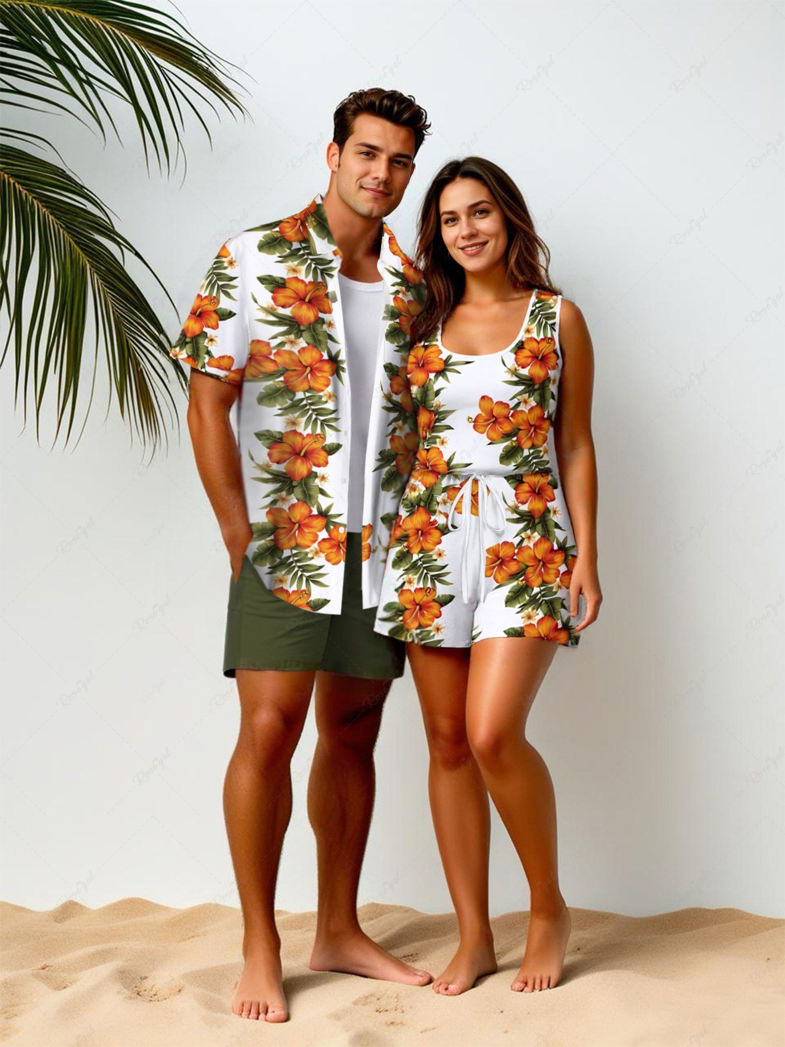 Tenue de plage hawaïenne assortie grande taille à imprimé feuilles tropicales et fleurs d'hibiscus pour couples Blanc 
