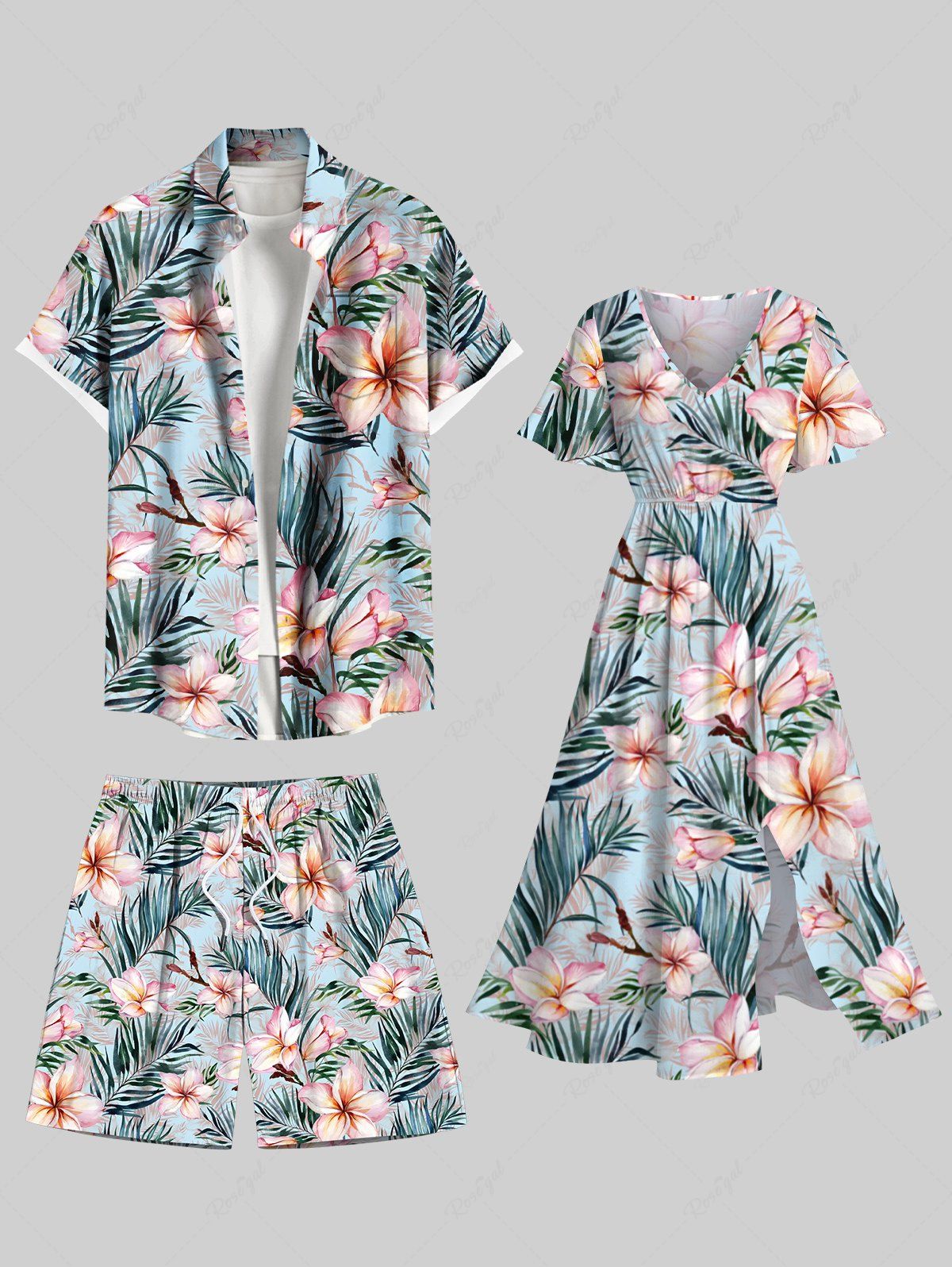 Tenue de plage hawaïenne assortie grande taille à imprimé feuilles et fleurs tropicales pour couples Bleu clair 