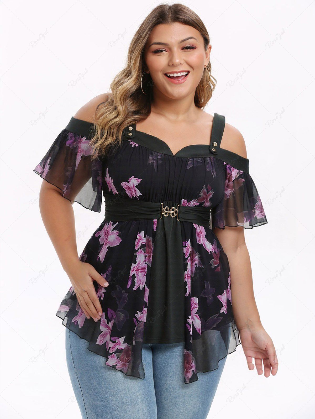Affordable Plus Size Flowers Print Buckle Waist Chiffon Asymmetrical Cold Shoulder Blouse  