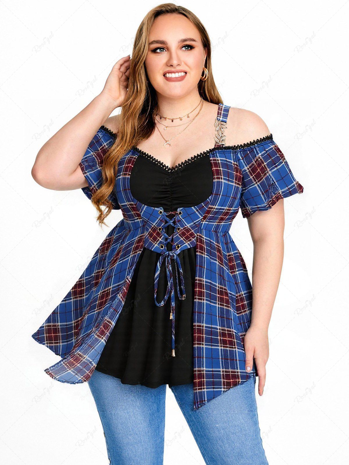 Haut 2 en 1 grande taille à imprimé écossais, œillets, lacets, bordure en dentelle froncée, épaules dénudées Bleu 1X | US 14-16