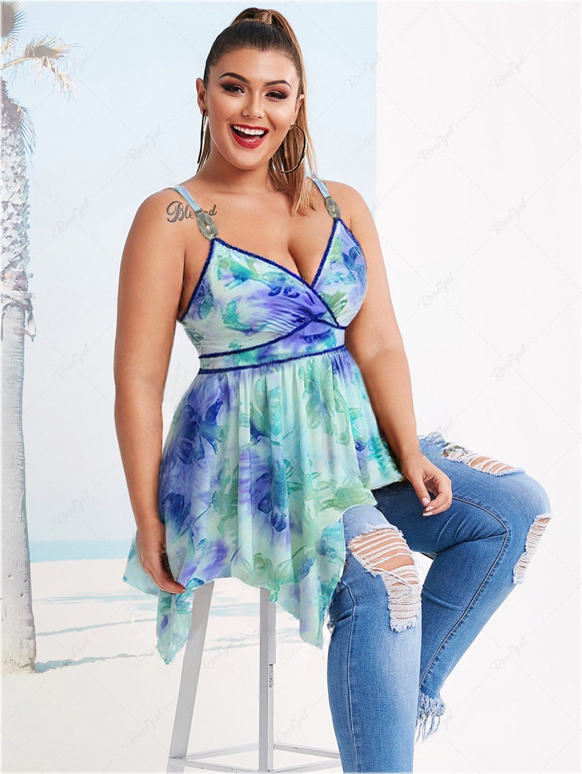 Store Plus Size Tie Dye Print Floral Flocking Surplice Handkerchief Cami Top  