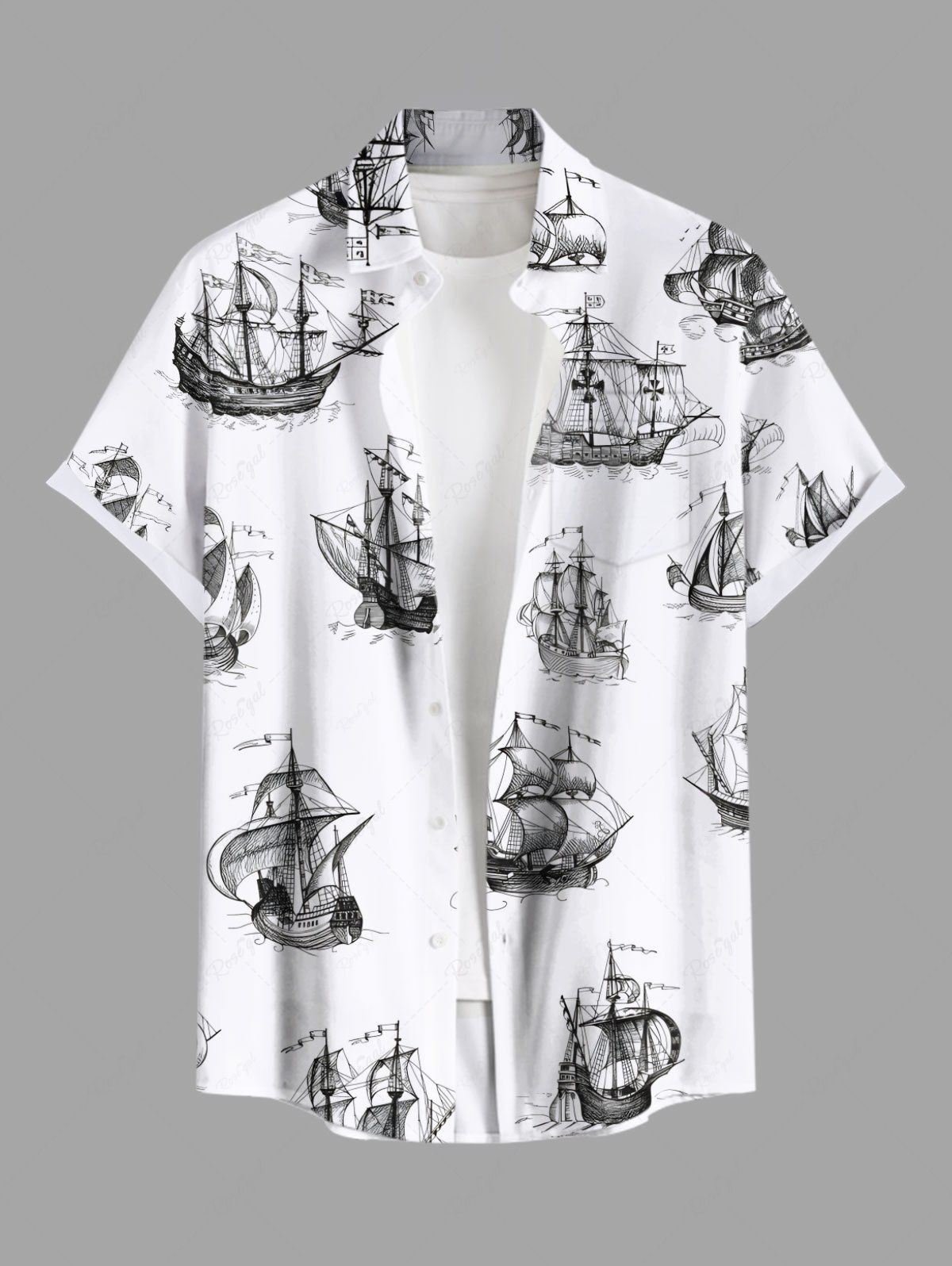 Chemise hawaïenne grande taille à boutons et poches, imprimé vagues et croisière, pour homme Blanc 3XL