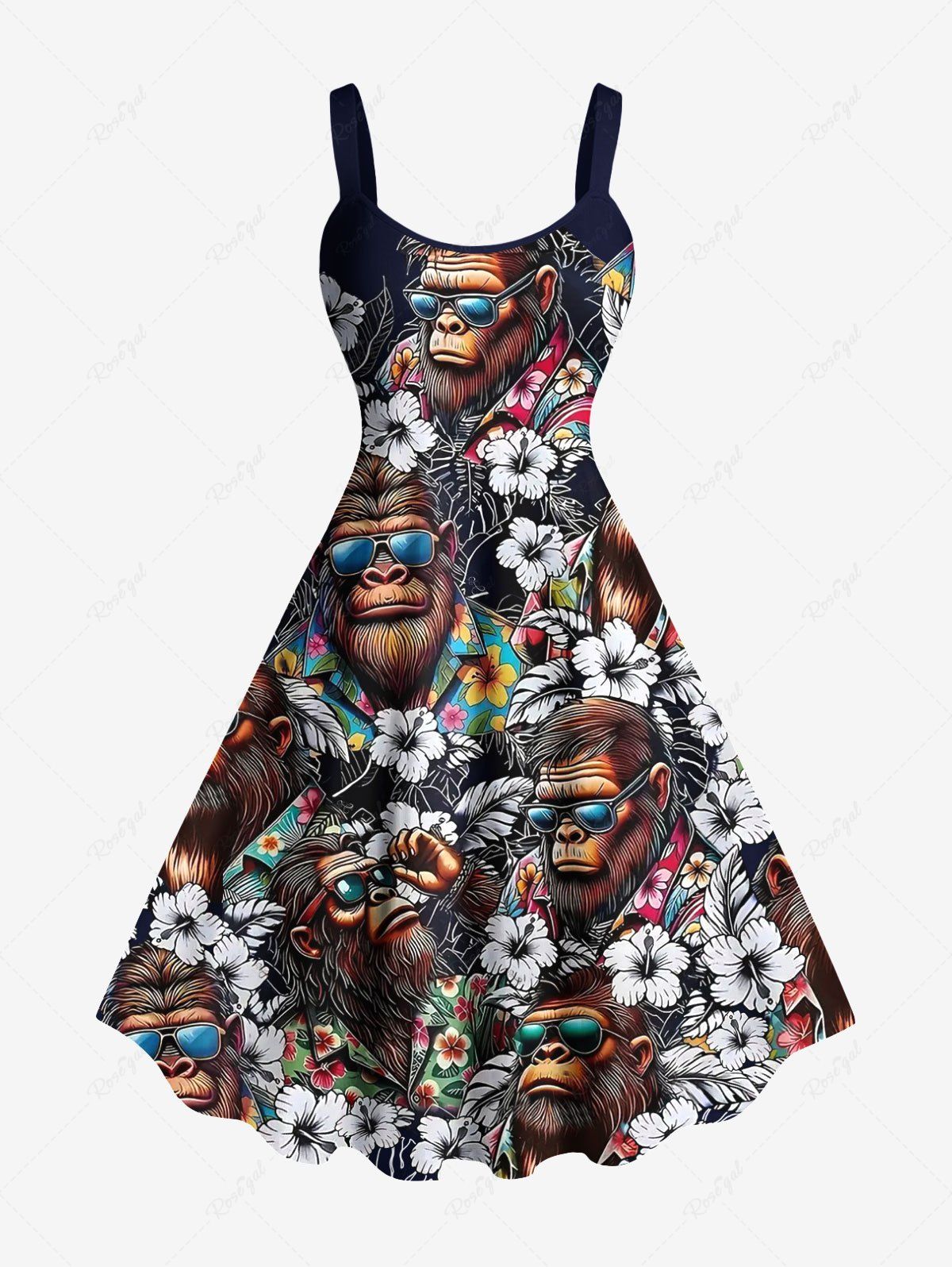 Affordable Plus Size Gorillas Tropical Flowers Print Hawaii Tank Dress  