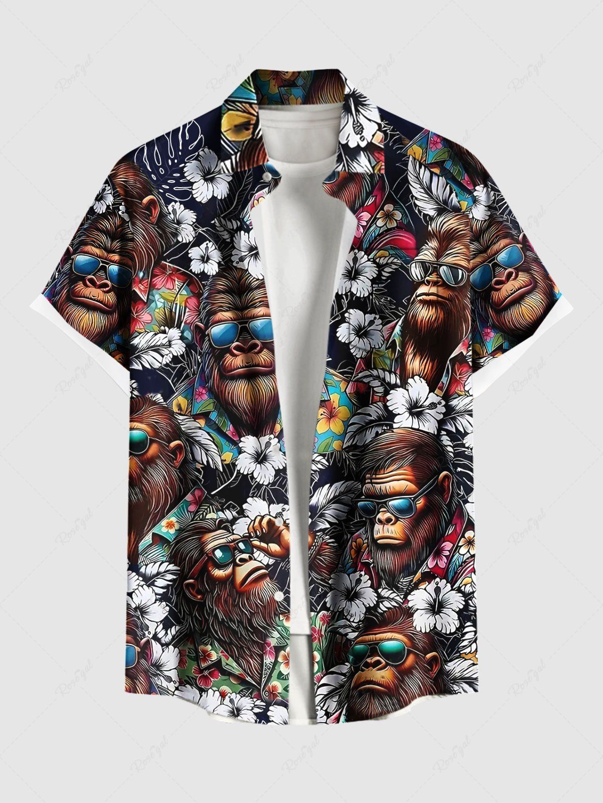 Chemise hawaïenne grande taille à imprimé gorilles et fleurs tropicales, avec poches et boutons, pour homme Noir L