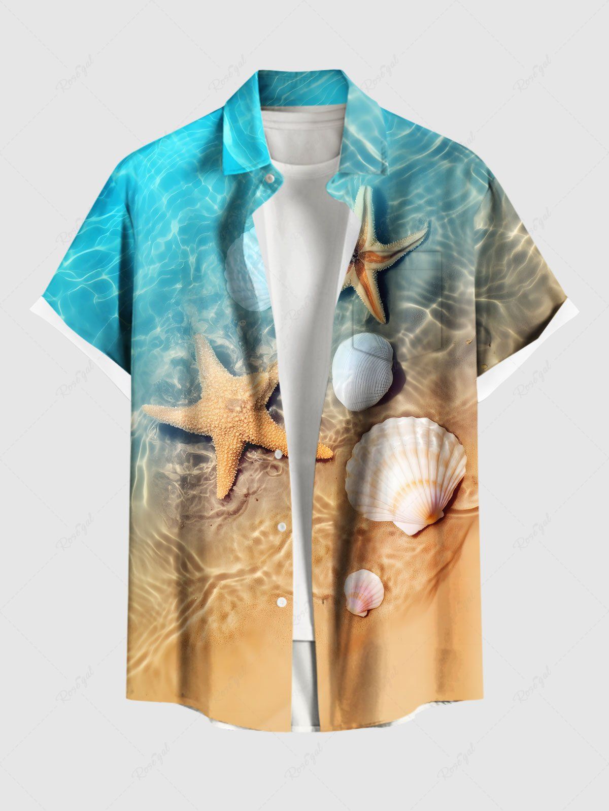Chemise hawaïenne grande taille à imprimé étoiles de mer et ondulations marines pour homme Bleu 2XL