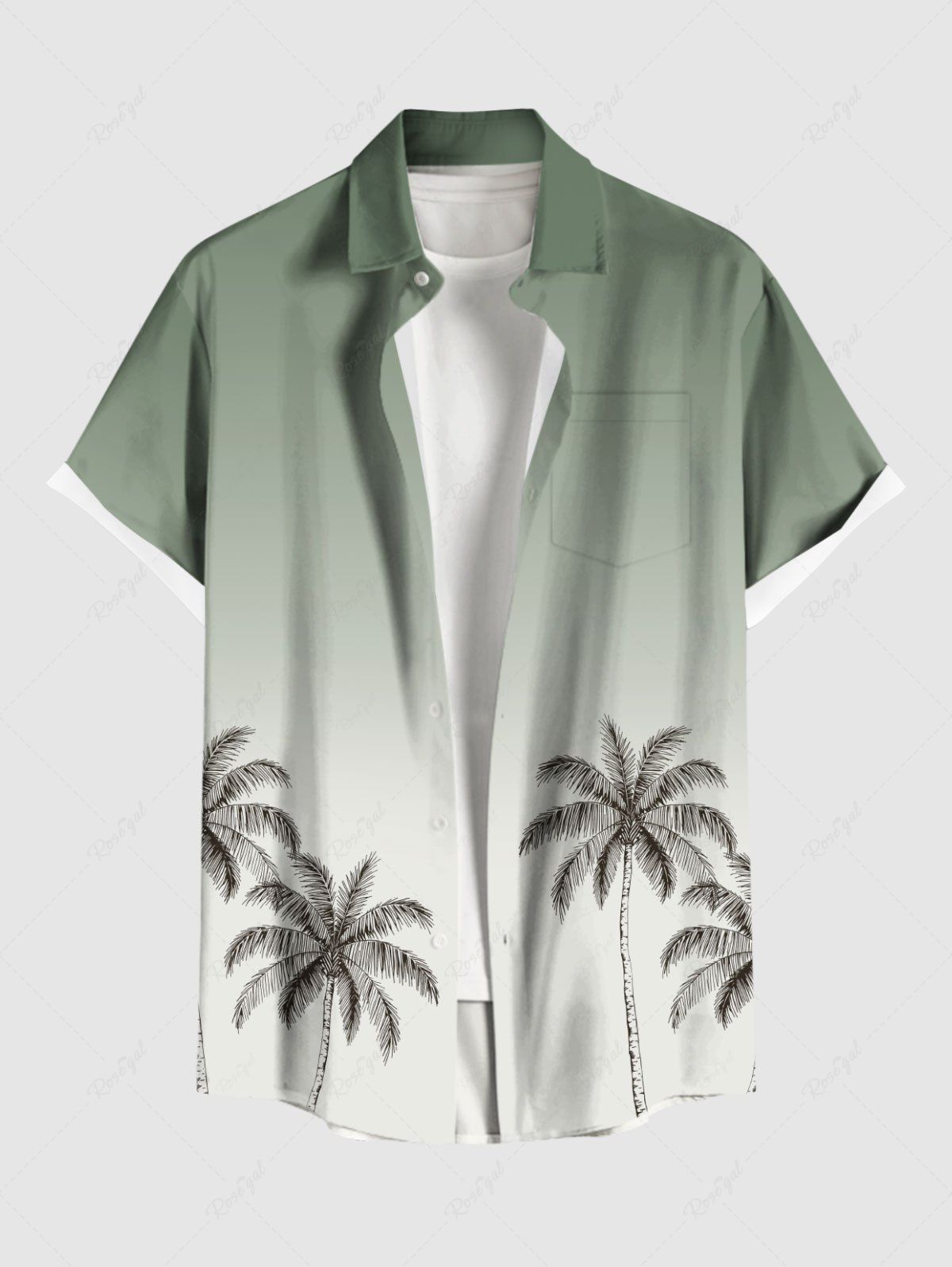 Chemise hawaïenne grande taille à imprimé cocotier ombré et poches boutonnées pour homme Vert clair 5XL