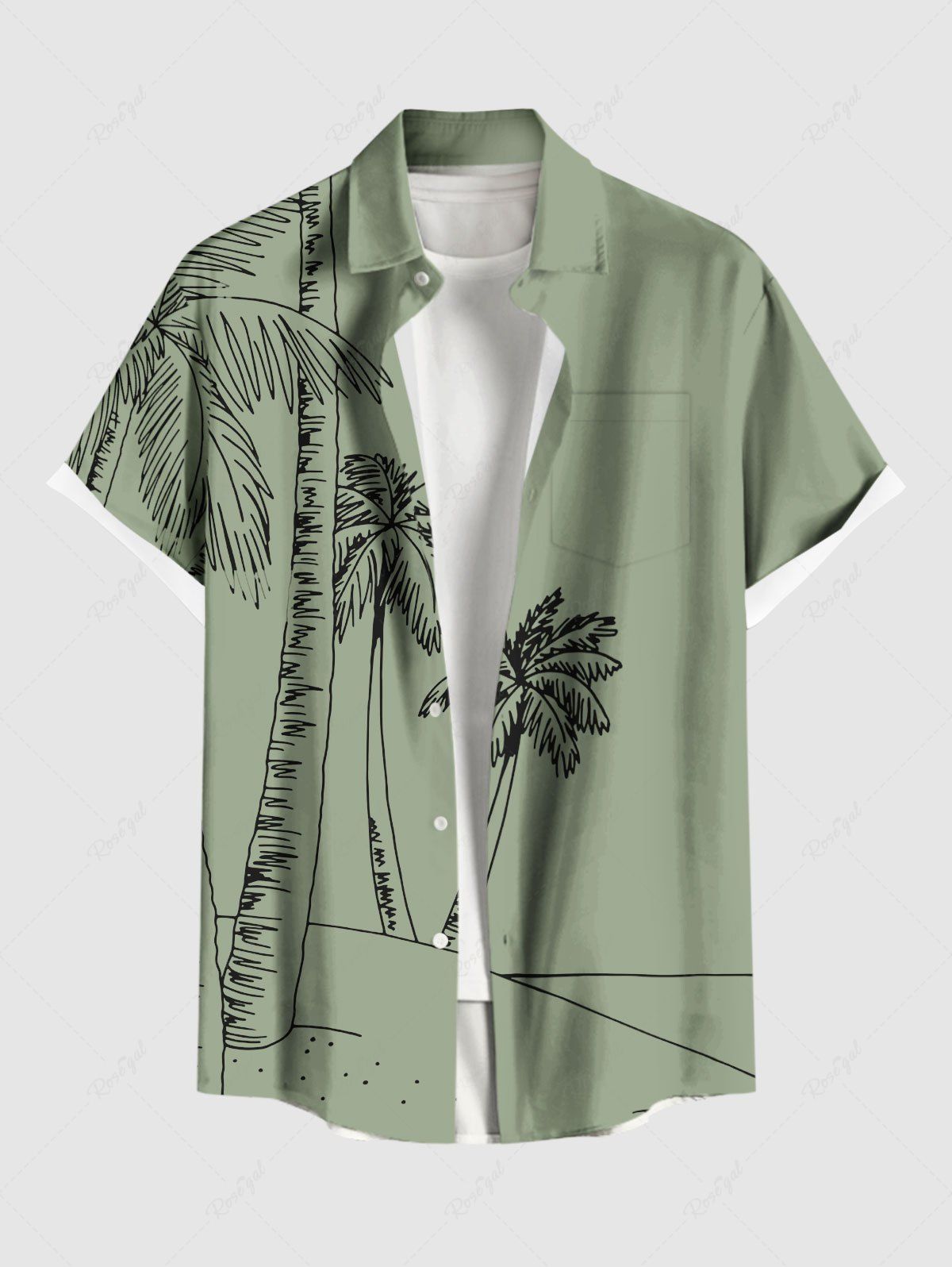 Chemise hawaïenne grande taille à imprimé cocotiers et poches boutonnées pour homme Vert clair S