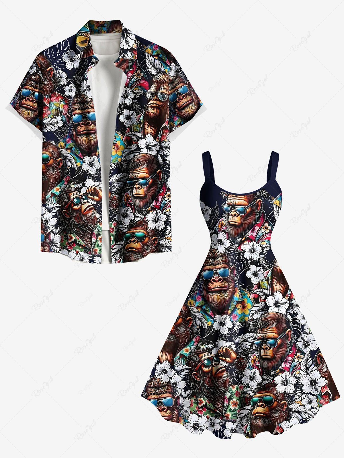 Tenue de plage hawaïenne assortie grande taille à imprimé fleurs tropicales Gorilles pour couples Noir 