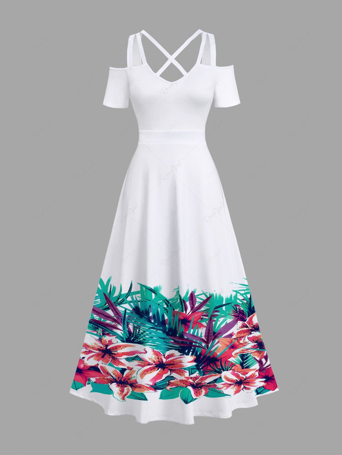 Discount Plus Size Tropical Leaf Flowers Print Cold Shoulder Crisscross Hawaii Maxi Dress  