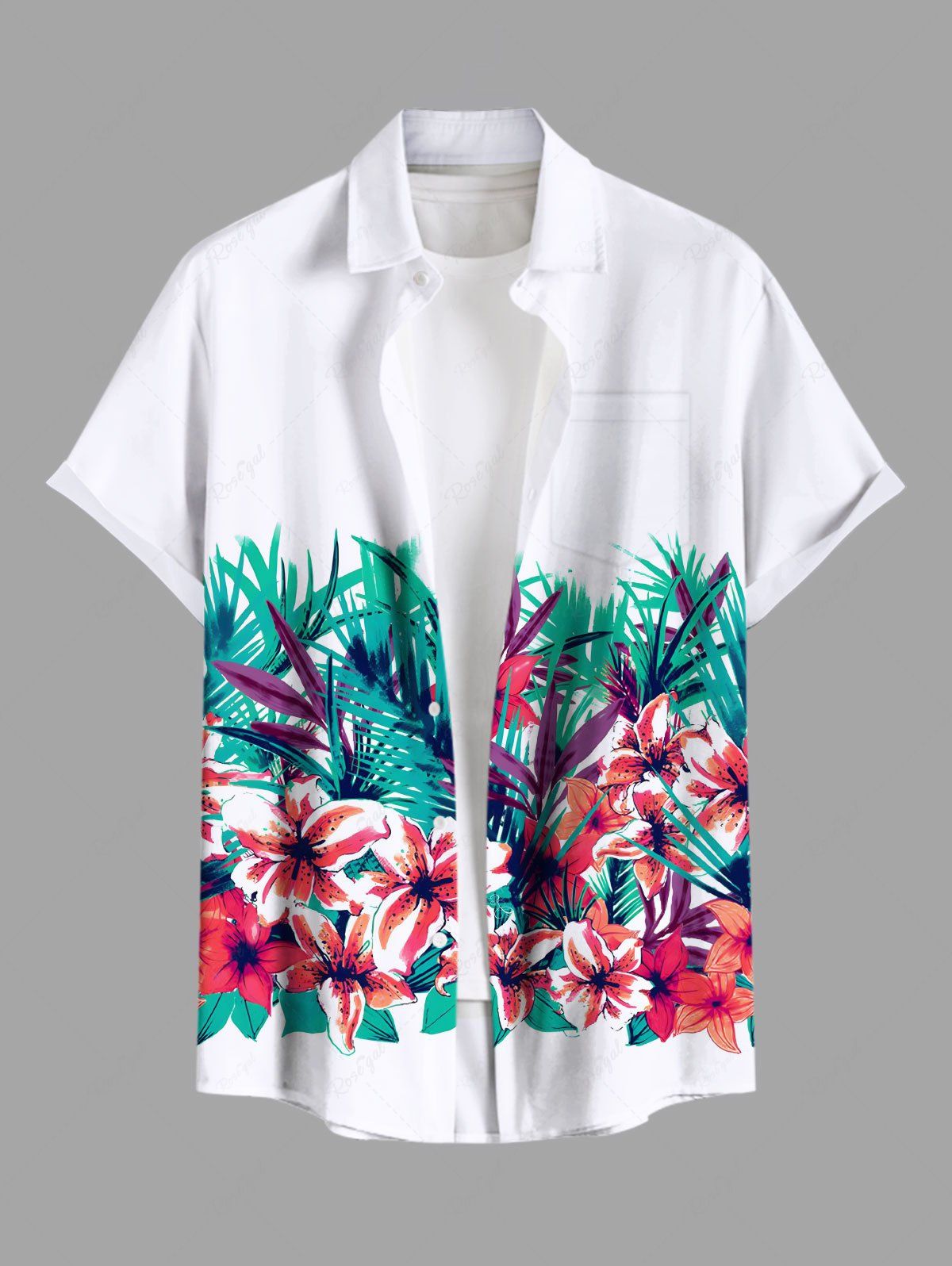 Chemise hawaïenne grande taille à imprimé feuilles tropicales et fleurs, avec poches et boutons, pour homme Blanc 2XL