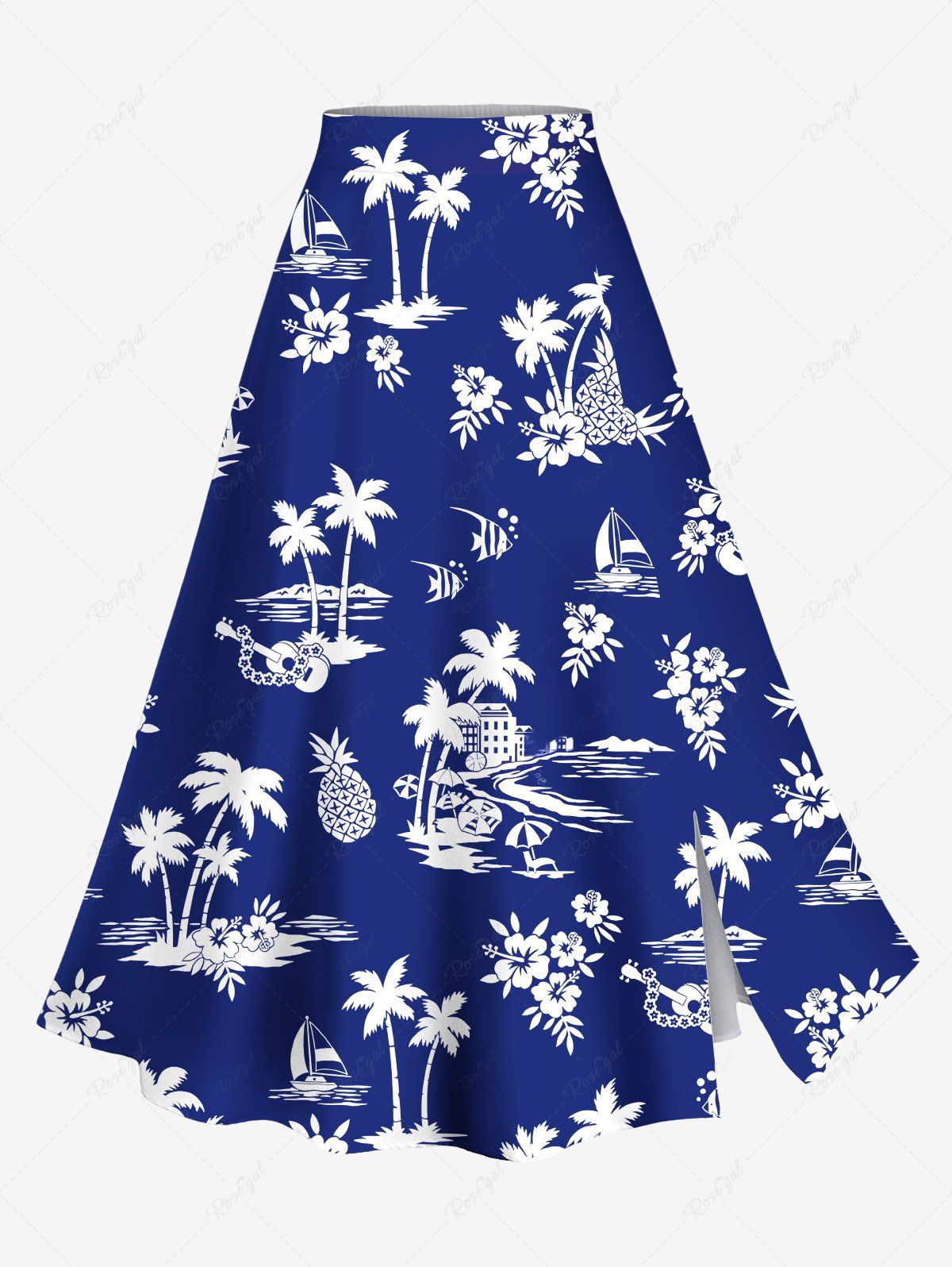 Buy Plus Size Coconut Tree Seascape Flowers Pineapple Print Split Hawaii Skirt  