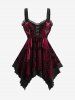 Floral Plaid Flocking Lace-up Asymmetrical Tank Top and Applique Flare Pants Plus Size Outfit -  