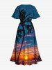 Tenue de plage hawaïenne assortie grande taille à imprimé cocotier et crépuscule pour couples - Bleu 