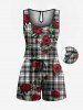 Ensemble chemise et barboteuse hawaïennes assorties, grande taille, tenue de plage, imprimé à carreaux, fleurs roses, pour couples - Noir 